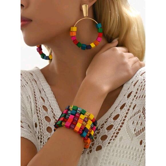 Summer Boho Bracelet Stack & Matching Earrings Set - Colorful Wood Cube Jewelry - Picture 1 of 4